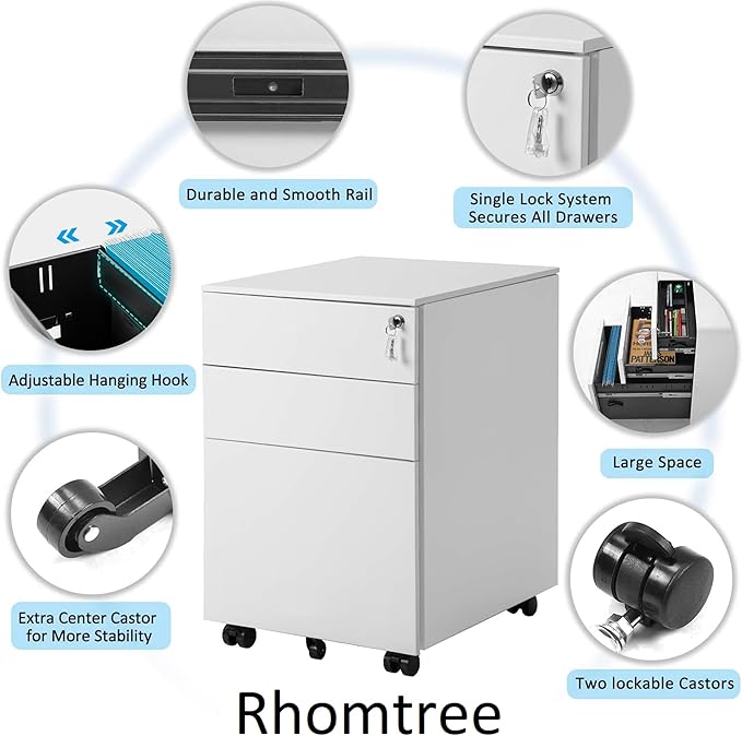 Rhomtree 3 Drawer File Cabinet Rolling Metal Filing Cabinet with Lock Mobile Pedestal Storage Fully Assembled Without Casters (White)
