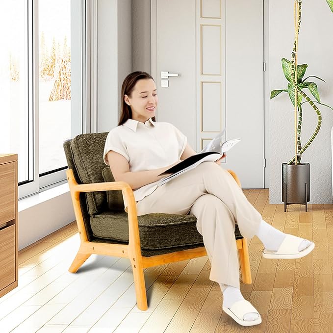 Modern Accent Chair with Lumbar Pillow Relaxing Mid Century Chair Armchair with Solid Wood Frame &amp Soft Cushion Reading Leisure Armchair for Living Room Green