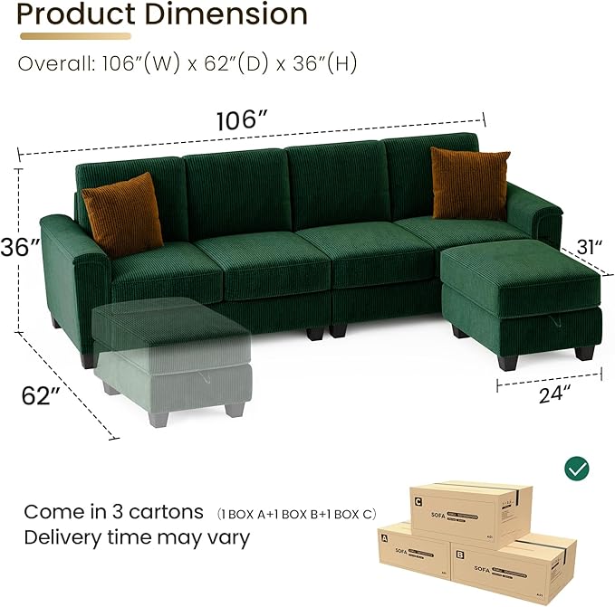 KKL Modular Sectional Sofa Couch for Living Room 106 Inches L Shaped Couch with Storage 5 Seater Corduroy Home Sofas Modern Couches with Chaise for Apartment Sofas para Sala Dark Green