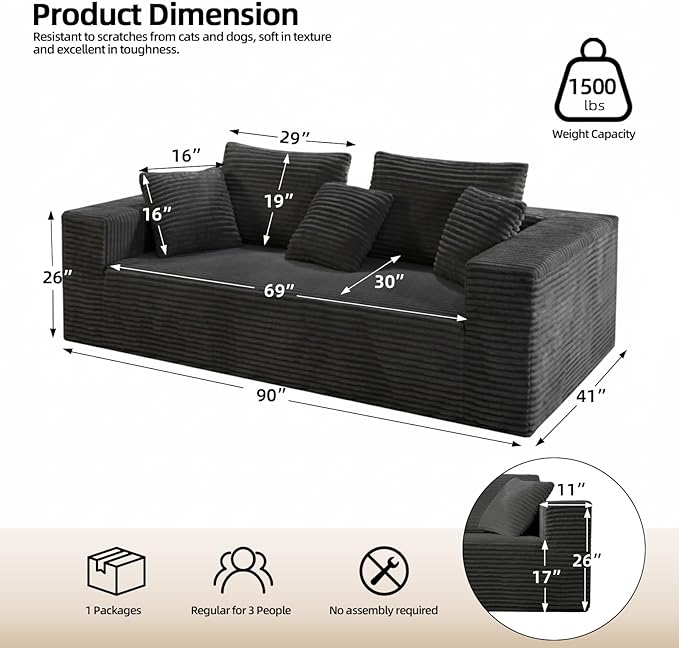 3-Seater Deep-Seat Corduroy Lounge Sleeper Sofa - No Assembly Frameless Foam Cloud Couch for Living Room Bedroom Apartment Dorm Office