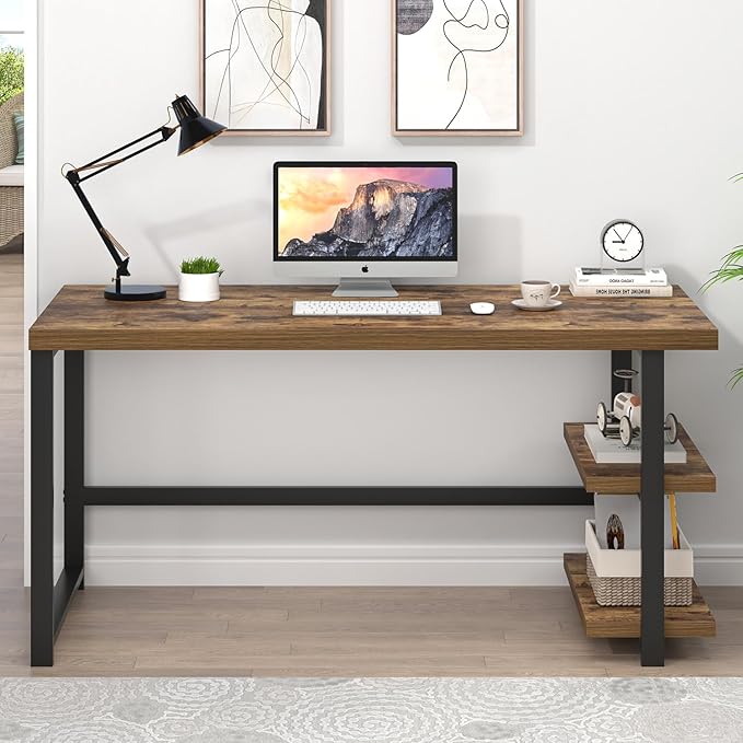EXCEFUR Modern Computer Desk Home Office Desk with Storage Shelf Wood Study Writing Table Workstation for Bedroom Living Room Rustic Brown 53 Inch