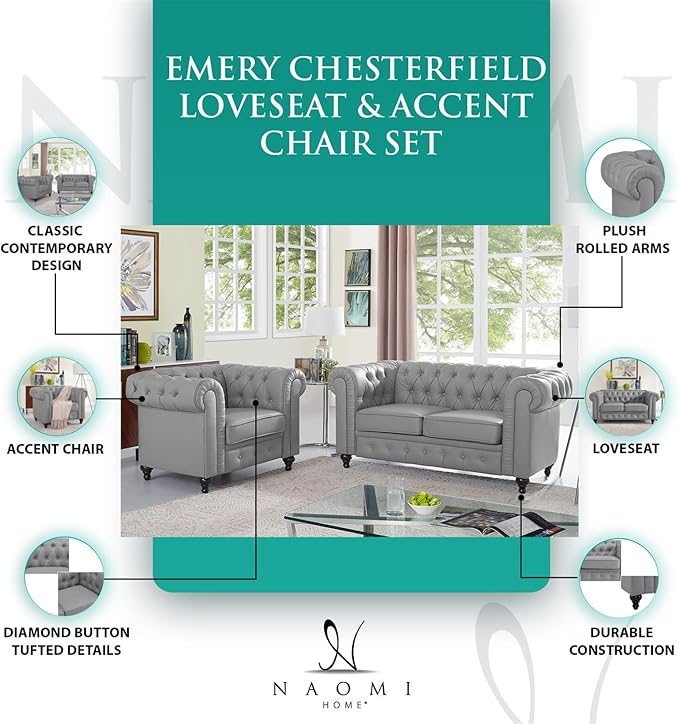 Naomi Home Emery Chesterfield Sofa Set Grey/Loveseat Accent Chair