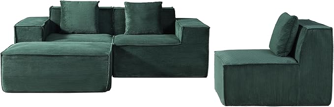 Rowan Convertible Corduroy Sectional Couch with Ottoman &amp Pillows Modular L Shaped Sleeper Sofa Boneless Cloud Couch for Living Room Furniture Dark Green