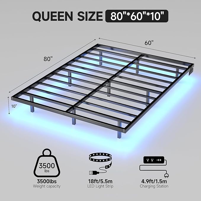 Floating Bed Frame Queen Size with LED Lights and Charging Station Metal Platform Bed Easy Assembly No Box Spring Needed