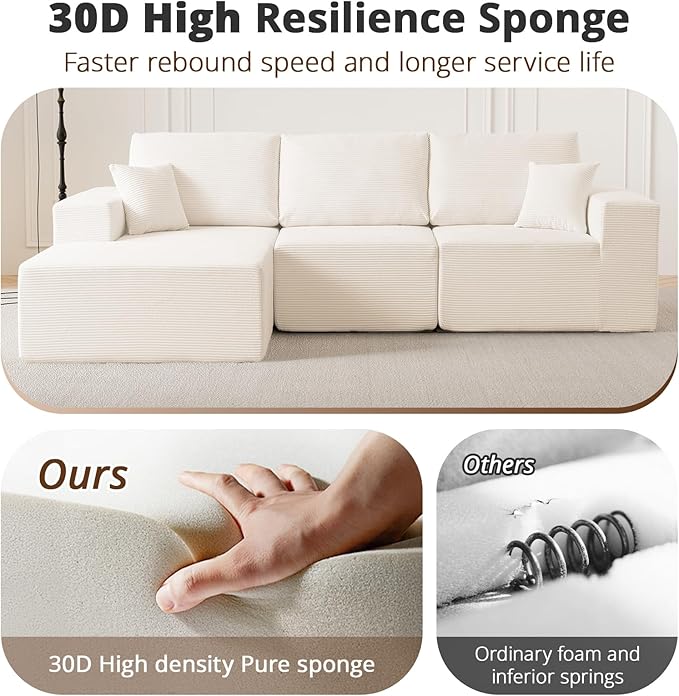 108 L-Shaped Boneless Couch High Seat Modular Sectional Sofa with Moveable Ottoman Corduroy Cloud Couches for Living Room No Assembly Ship in a Box White