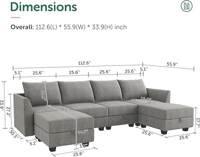 HONBAY Modular Sectional Sofa with Storage U Shaped Modular Sofa 6-Seater Sectional Couch for Living Room Grey