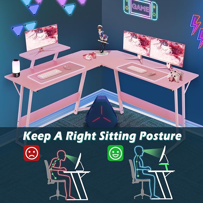 Dkelincs L Shaped Gaming Desk 51 Inch Computer Corner Desk Home Office Desks PC Gaming Table with Monitor Riser Stand for Home Office Writing Workstation Pink