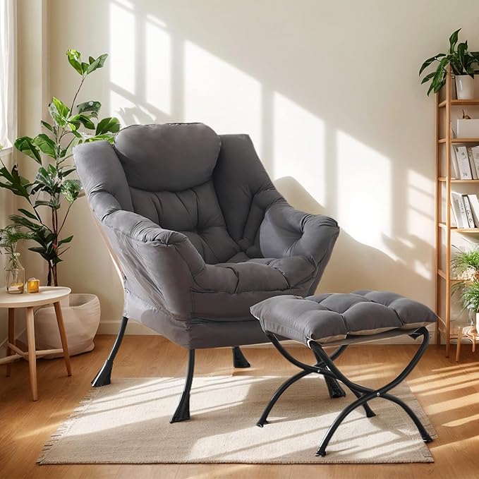 Lazy Chair with Ottoman Large Dark Grey Accent Chair with Ottoman Comfy Reading Armchair Leisure Sofa Chair for Living Room Bedroom Dorm Room Office