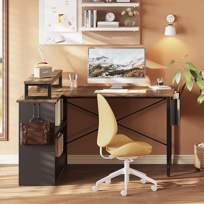 Bestier Small L Shaped Desk with LED Lights 42 Reversible Computer Desk with Open Storage Cabinet &amp Monitor Stand Corner Desk with Side Storage Bag for Home Office Bedroom Rustic Brown