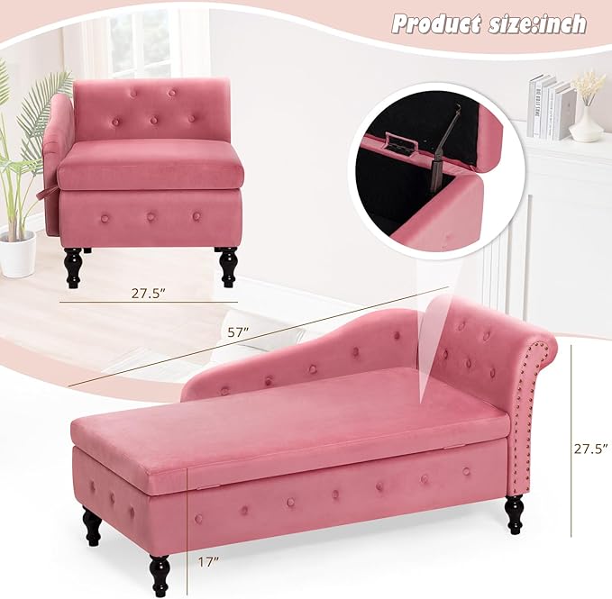 Upholstered Chaise Lounge with Right Armrest &amp Lumbar PillowButton Tufted Lounge Sofa with StorageLounge Chair IndoorModern Velvet Lounge Chair for Bedroom Living Room and OfficePink