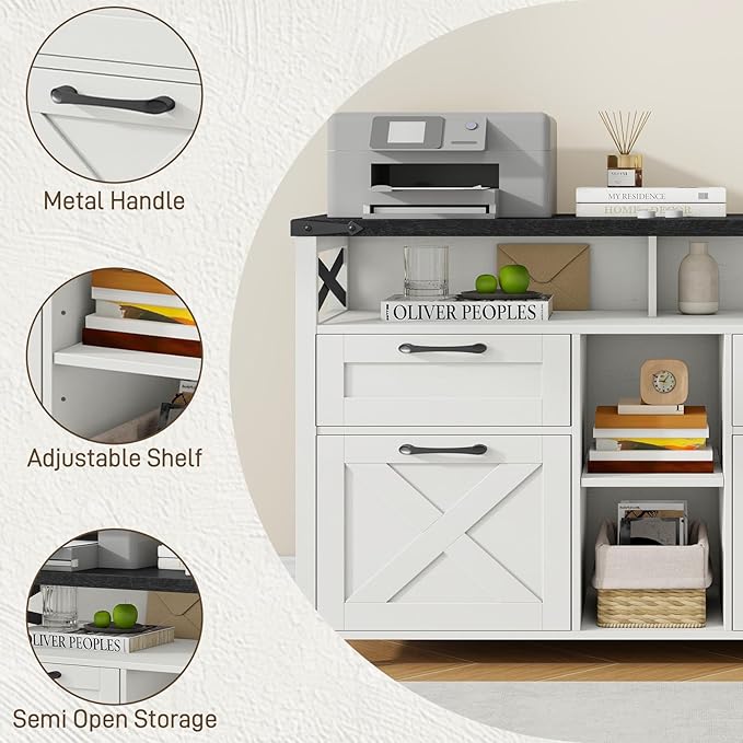 Lateral File Cabinets 4 Drawers with Open Storage Shelf Farmhouse Filing Cabinet with Adjustable Shelf for Home Office Filing Organization Storage Cabinets for Hanging Files Letter/A4. Black