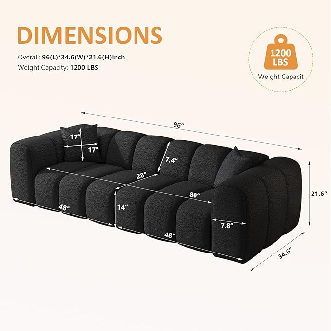 96 Modular Sectional SofaModern Boneless Cloud Couch with Deep SeatUpholstered 4-Seater Sofa Chenille Boucle Couches for Living Room Wide Seat Cozy Loveseat with Armrest (Black 96-INCH)