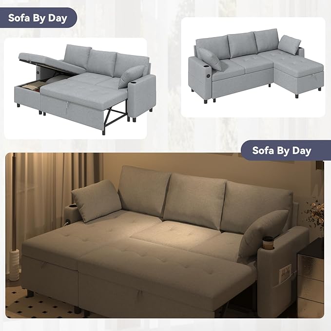 Esright 84'' Sleeper Sofa Bed L Shaped Sectional Convertible Pull Out Couch with Storage Chaise for Living Room 3 in 1 Sleeper Sofa Couch with Pullout Bed USB Cup Holder Side Pocket(Light Gray)