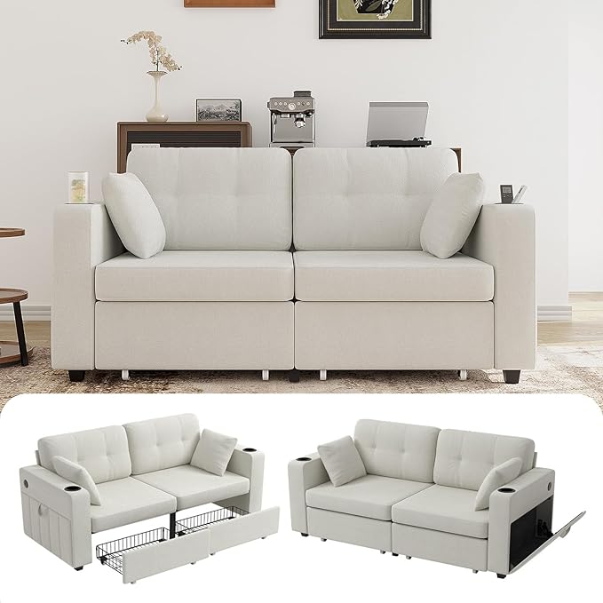 67 Small Loveseat Couch with Storage USB Charging and Cup Holder Space Saving Furniture Modern Chenille Love Seat Sofa Small Couches for Small Spaces Bedroom Apartment Beige
