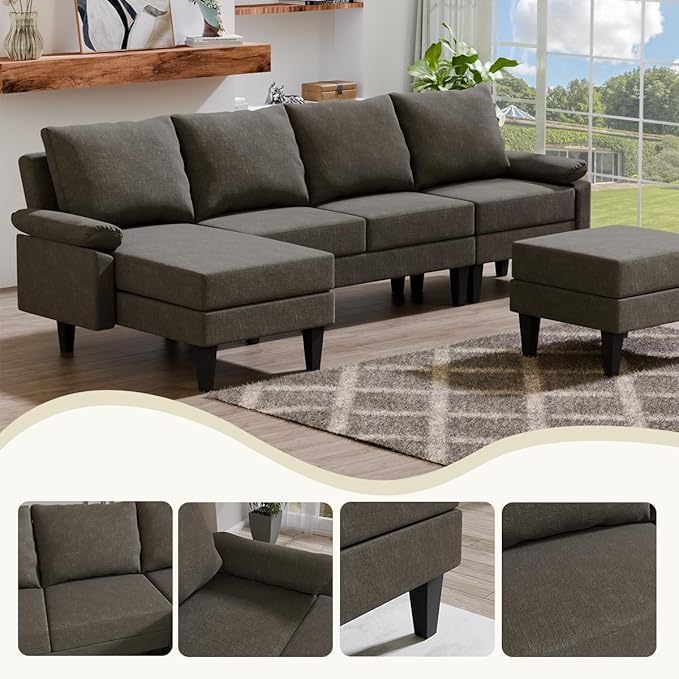 115 Inch Modular Sectional Sofa with Storage Ottoman Modern L-Shaped Sectional Couch with Chaise Chenille Couch for Living Room Apartment or Small Spaces Brown