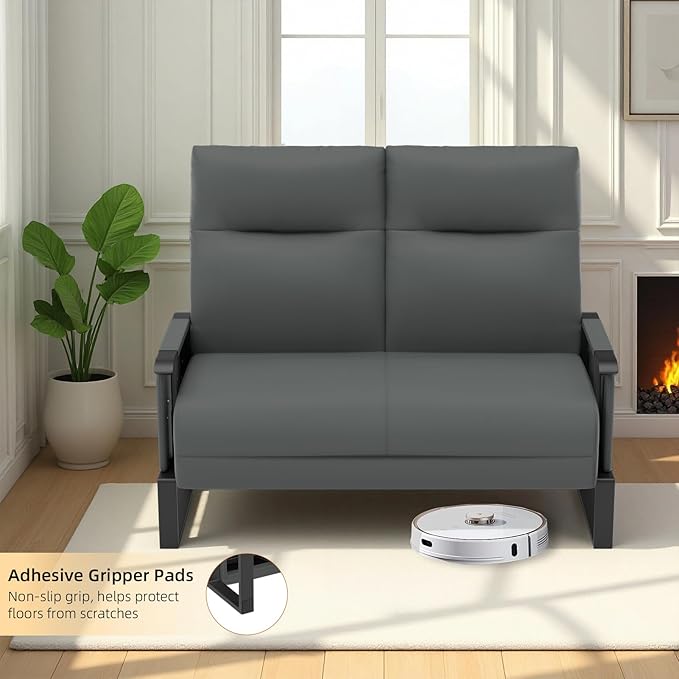 Faux Leather Loveseat Couch for Living Room Bedroom Office Small Sofa 2 Seater Couch with Flip Up Tray Table Side Pockets Leather Loveseats Gray