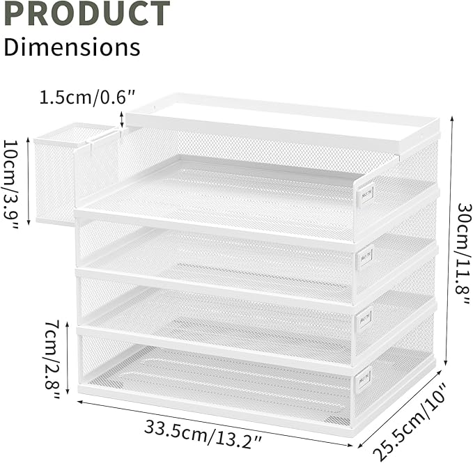 Metal Stackable Letter Trays 4-Tier Desk Organizer &amp Paper Trays for Office Stackable File &amp Document Tray with Magnetic LabelsWhite