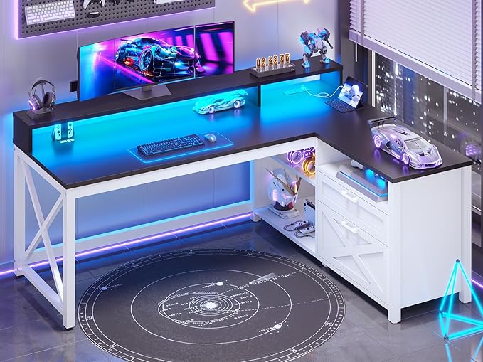 SEDETA Corner Computer Desk 55 L Shaped Gaming Desk with Storage Drawers and Power Outlet Farmhouse Corner Gaming Desk with Storage Shelves and LED Lights for Home Office Black