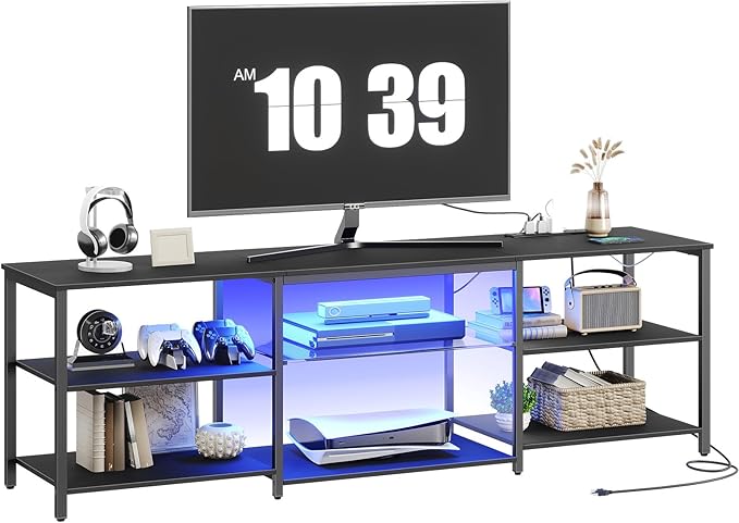 HOOBRO LED TV Stand for 75 Inch TVs with Charging Station Gaming Entertainment Center with 3-Tier Open Storage Long 70.1” Media TV Console Table TV Stand for Living Room Bedroom Black BB22UDDS01