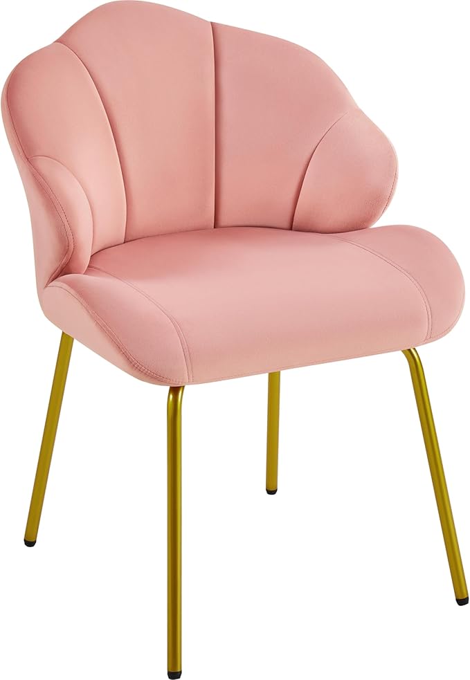 Yaheetech Vanity Chair Velvet Accent Chair with Shell-Shaped Backrest Modern Armchair with Gold Metal Legs for Dressing Room/Bedroom/Living Room Pink