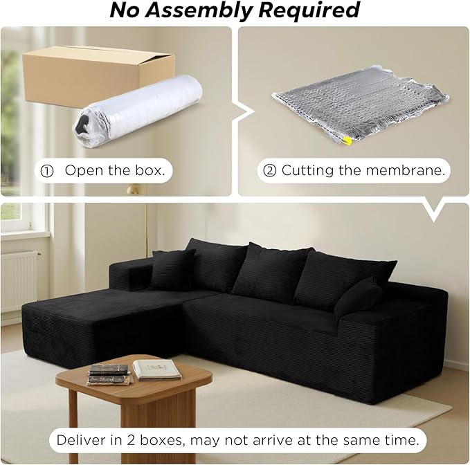 Black Sectional Couches for Living Room Boneless Couch with L-Shape Chaise Modular Sofa in Box with Deep Seat No Assembly Required
