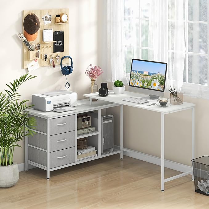 Giantex L Shaped Computer Desk with Drawers 81 Convertible Corner Desk with Charging Station and Storage Shelves Study Writing Desk Modern Long Corner Gaming Table for Home Office (White)