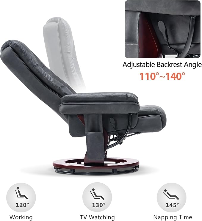 MCombo Swivel Recliner with Ottoman Chair TV Chair Sets with Vibration Massage for Small Space Living Room Bedroom 9096 9099 (Faux Leather Dark Grey)