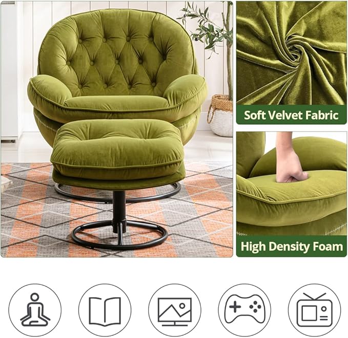 Velvet Swivel Accent Chair with Ottoman Set Modern Lounge Chair with Metal Base Frame &amp Footrest Comfy Single Leisure Sofa Chair Reading Chair with 360 Degree Swiveling for Living Room Fruit Gr