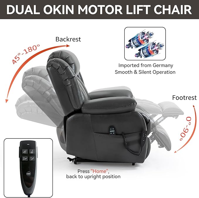 KEIKI Oversized Recliner Chair Electric Dual Motor Lift Leather Recliner for Elderly Synthetic Leather Upholstery with Infinite Position and Back Massager with Heat Rocking Lounge Chair Grey