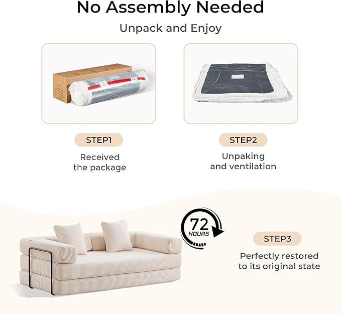 WELAX 77 Convertible Sleeper Sofa Bed Boneless Cloud Queen Futon Couches with 2 Pillows &amp Removable Armrests Corduroy Folding Floor Couch No Assembly for Bedroom Living Room Beige