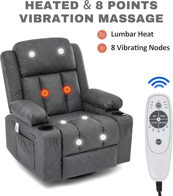 Rocker Recliner Chair with Heat and Massage360°Swivel Recliner Chair for Adults ElderlyOversized Recliner Single Sofa Seat with 2 Cup Holders and Side Pocket (Grey)