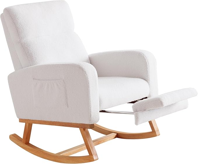 Rocking Chair Nursery with Foot Rest Nursing Rocking Chairs for Mom Nursery Teddy Rocker Glider with High Backrest for Living Room Bedroom White