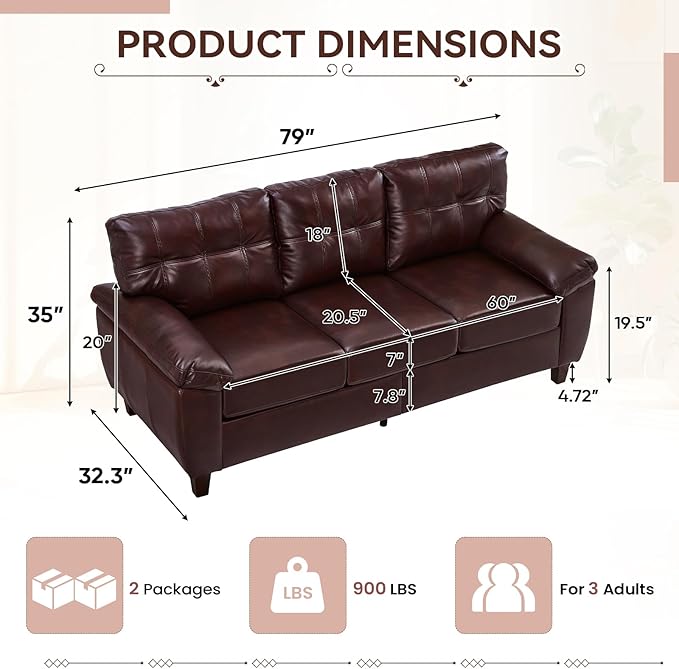 79-inch 3 Seater Couch with Storage Mid-Century Vintage Retro Faux Leather PU Upholstery Tufted Cloud Comfy Deep Seat Sofa Couch for Living Room Office Apartment Burgundy
