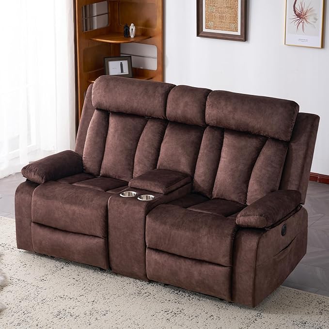 Power Reclining Loveseat with Console Electric Double Recliner with USB/Type C/Side Pocket/Cup Holders RV Recliners Wall Hugger Reclining Loveseat for Living Room &amp RV &amp Home Theater
