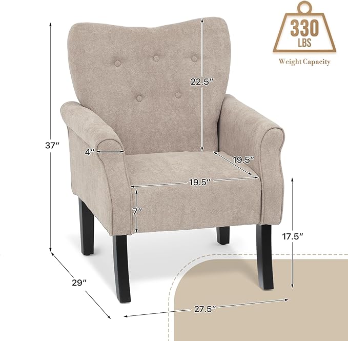 Athena Collection Mid Century Modern Chair for Living Room Upholstered Wingback Reading Chair for Adults Comfy Linen Fabric Armchair with Wooden Legs for Bedroom Dorm Balcony Beige