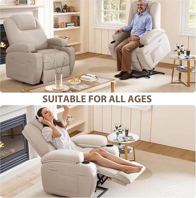 Flamaker Power Lift Chair Massage Recliner Chairs for Elderly - Ergonomic Design with Cup Holders &amp Side Pockets Remote Control (Beige)
