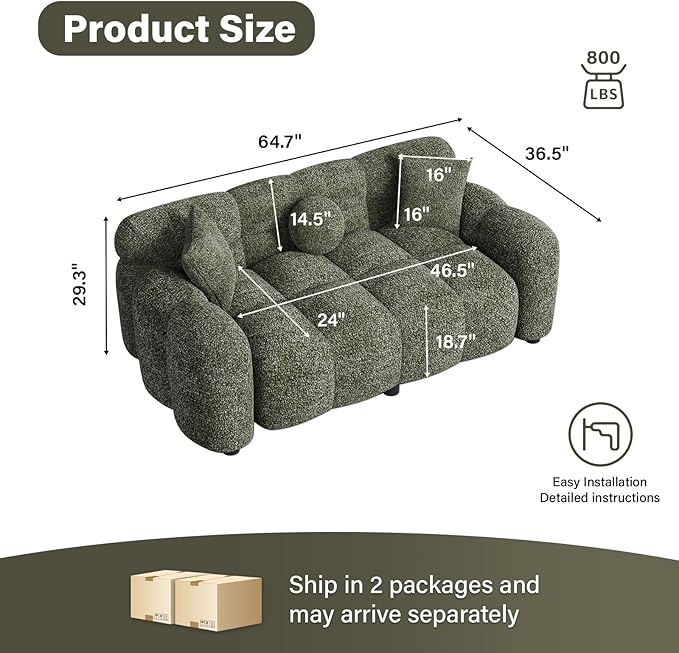 65 Chenille Cloud Sofa Couch Modern Deep Seat Loveseat Sofa Comfy Upholstered Couch with 3 Pillows Oversized Accent Armchair for Living Room Apartment Office Green