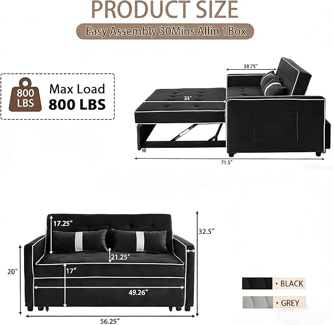 Convertible Velvet Sofa Bed with Pull-Out Bed &amp Side Storage Pockets Modern Sleeper Sofa for Living Room Apartment Small Spaces and Bedroom (7705-Black)