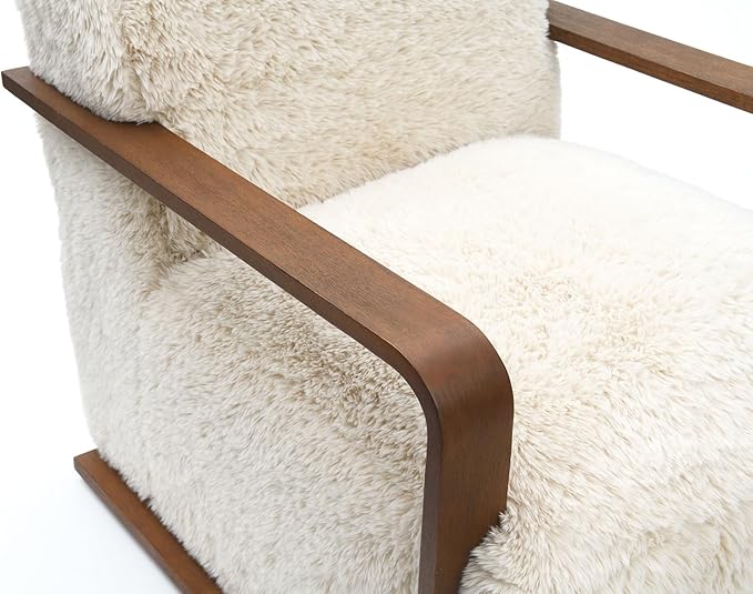 Comfortable Faux Fur Reading ChairModern Luxury Accent Chair Side Chairs with Curved Wooden Armrests for ApartmentLiving RoomOfficeStudyBeige
