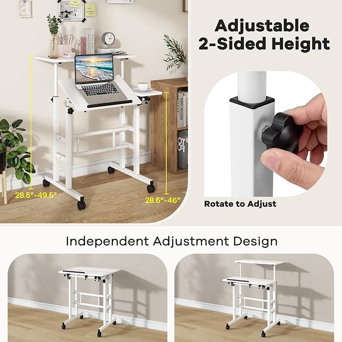 Tangkula Mobile Stand Up Desk Height Adjustable Home Office Desk with Standing &amp Seating 2 Modes Tilting Tabletop &amp Flexible Wheels Rolling Laptop Cart Sit Stand Desk (White)