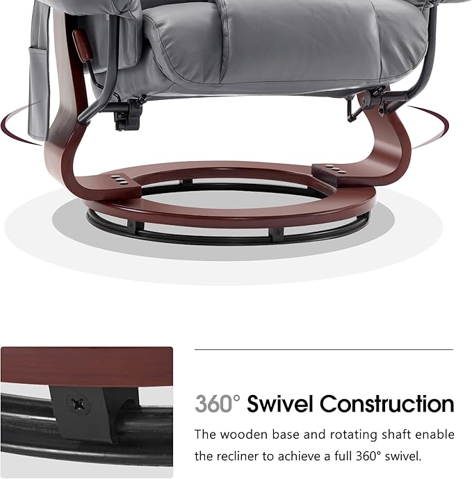MCombo Swivel Recliners with Ottoman Reclining TV Chairs with Vibration Massage Faux Leather Ergonomic Lounge Chair for Living Room Bedroom 4832 (Grey)