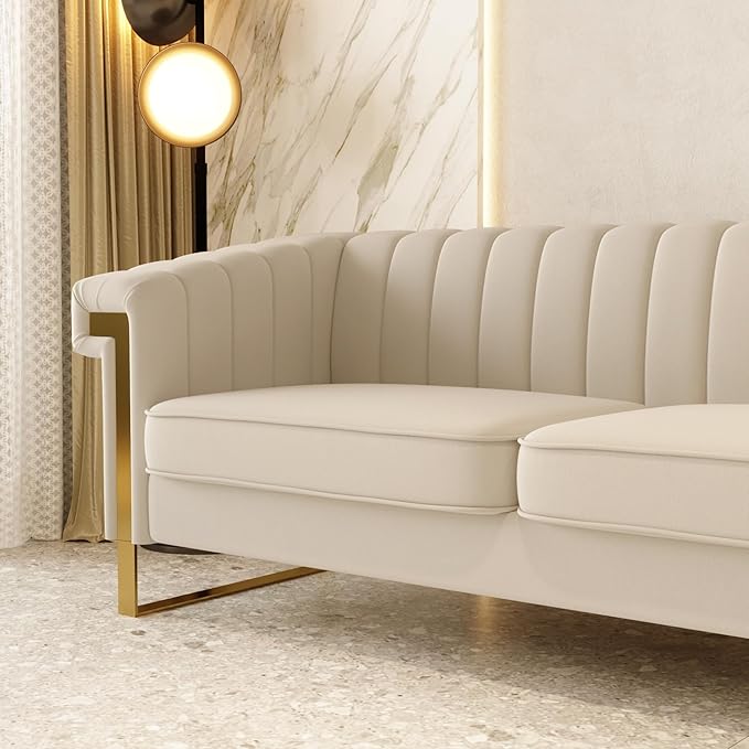 Mid-Century Modern Beige Velvet Sofa with Gold Metal Legs 83.86 Luxury Chesterfield Comfy Cream Couches for Living Room (Velvet Beige)