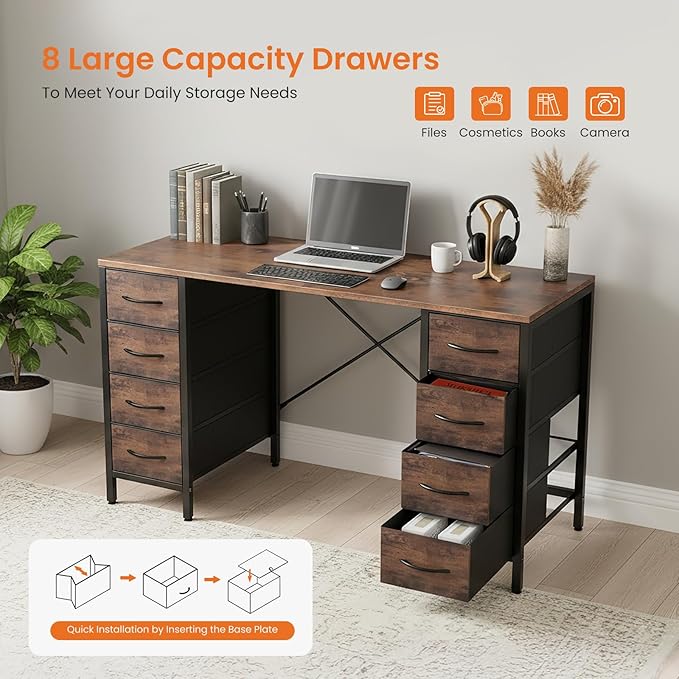 Sweetcrispy Desk with 8 Fabric Storage Drawers Computer Office 47 Inch Gaming Writing Study Table with X-Shaped Reinforced Structure for Home Office Bedroom PC Desk Brown