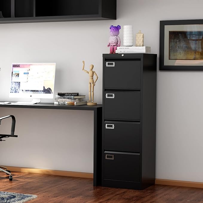 File Cabinet - 4 Drawers Vertical 17.8 Deep Lockable Filing Cabinet Black Metal Storage Cabinets for Home Office to Hanging Files Letter/Legal/F4/A4 Size