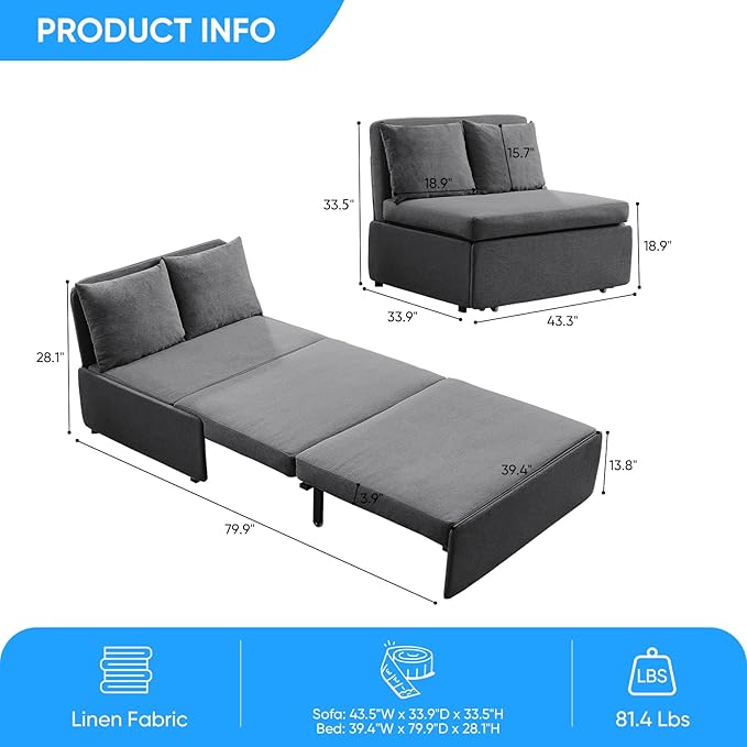 Mjkone 43“ W Twin Size Pull Out Sofa Bed Chair with 2 Pillows 2 in 1 Armless Sleeper Sofa Pull Out Couch Bed Convertible Linen Sofas Sleeper Chair Bed for Living Room Apartment Office Dark Gray