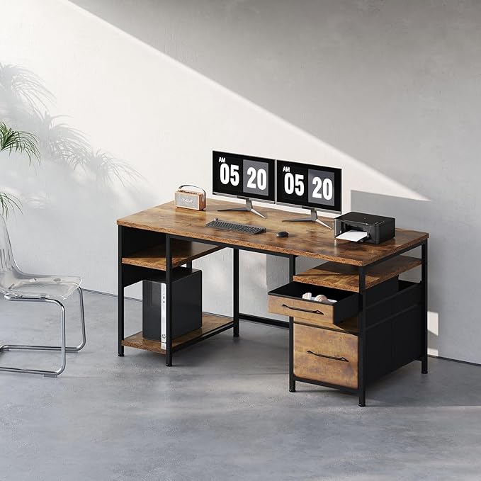 Ｍａｉｈａｉｌ Maihail Home Office Desk with Drawers Adjustable Shelves 59 inch Writing Desk with File Cabinet Large Computer Desk with Storage Vintage Brown2
