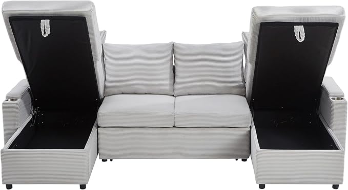109.5 Sectional Sofa Convertible Pull-Out Sofa Bed with 2 Storage Chaise Lounges and Cup Holders Chenille Fabric U-Shaped Couch with Storage Boxes &amp USB Ports for Living Room (Grey-9.19)