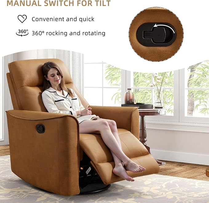 CANMOV Swivel Rocker Recliner Set of 2 Glider Rocking Chair Nursing Chairs Swivel Glider Recliners with Soft Backrest Leathaire Manual Reclining Sofa for Living Room Bedroom Apartment Brown