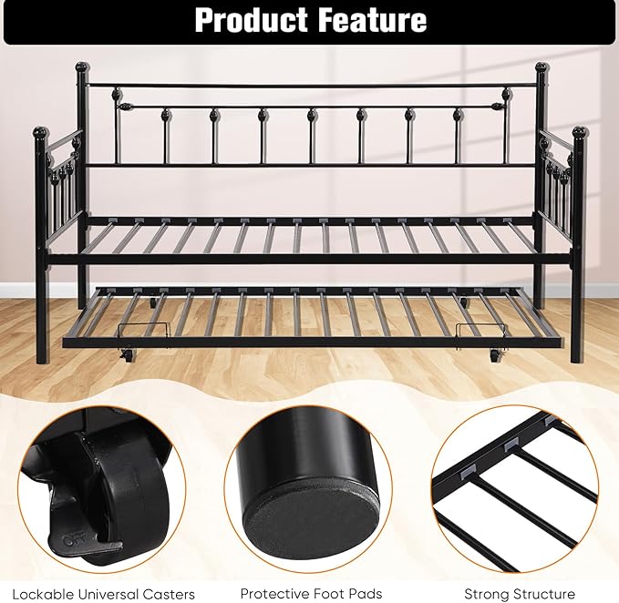 Convertible Modern Twin Size Metal Daybed Couch Pull Out Trundle Sofa Bed 2 in 1 Convertible Sleeper Daybed Sofa Bed Frame for Bedroom Living Room Guest Room Office Black One Size