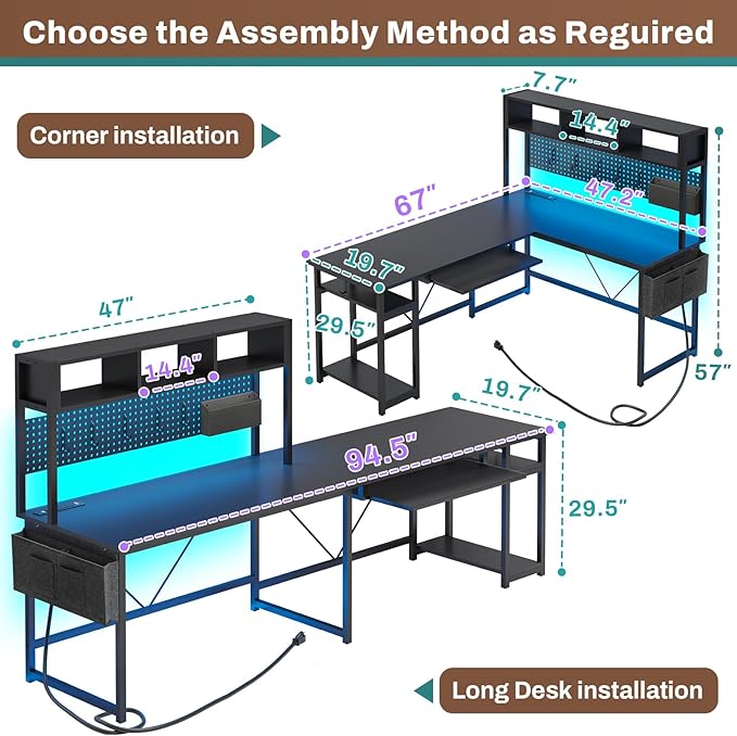 SEDETA L Shaped Gaming Desk Reversible Computer Desk with Power Outlet and Pegboard Gaming Desk with Led Lights Keyboard Tray and Storage Bag for Home Office Black